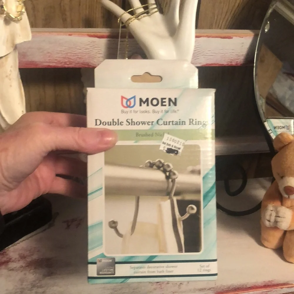 New In Box “MOEN” Double Shower Curtain Rings-Brushed Nickel